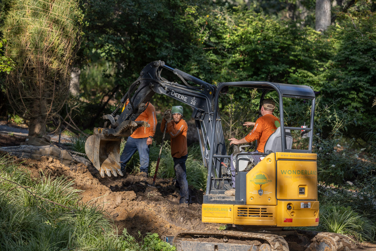 Excavator working on landscape construction